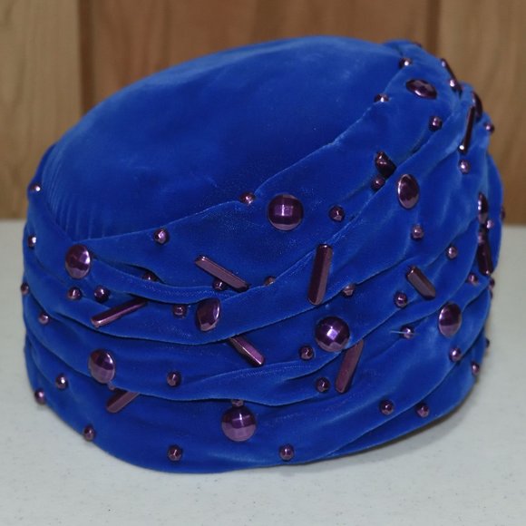 Vintage Blue Claude Saint-Cyr Reproduction Pillbox Hat Purple Accents Turban - Picture 3 of 13
